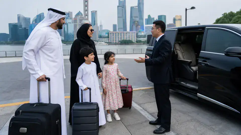 UAE family meeting a private travel coordinator beside an executive MPV in Shanghai